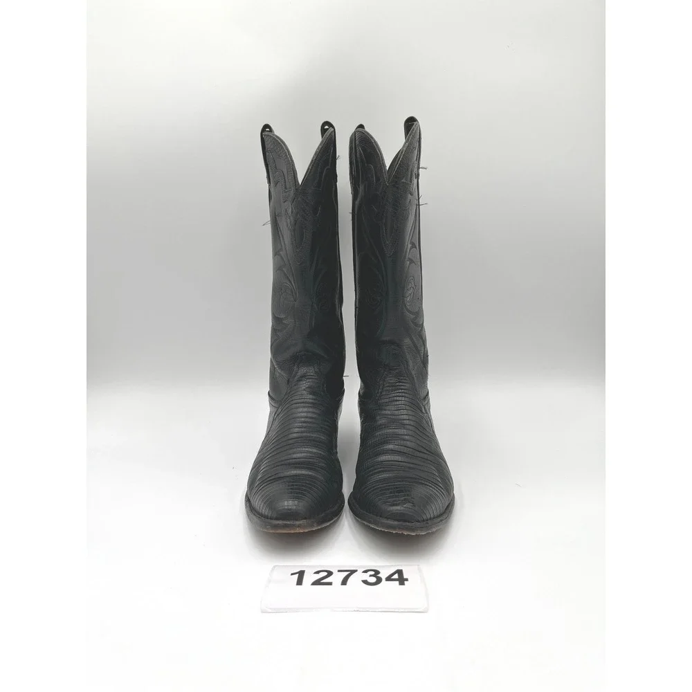 Tony Lama Exotic Nacogdoches Men 8 Black Leather Block Heel Cowboy Western Boots
